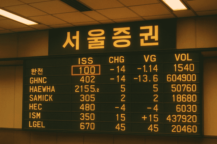 What is KOSPI index? Seoul stock exchange board showing KOSPI index figures with Korean company listings and trade volumes